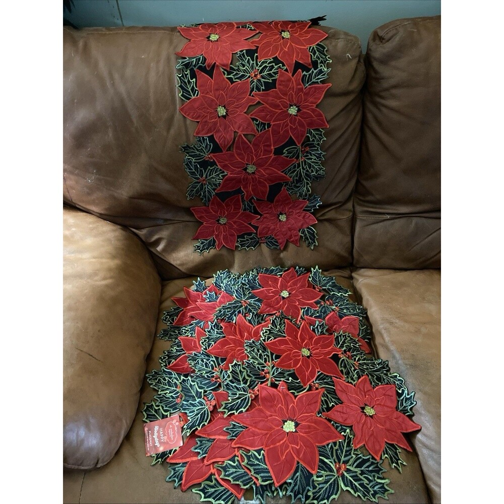 Poinsettia Embroidered Cutout Placemats & Runner St. Nicholas Square Set Of 4